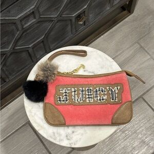 JUICY COUTURE Pink and Brown Wristlet Y2K Velour Purse with Fur Pom Charm